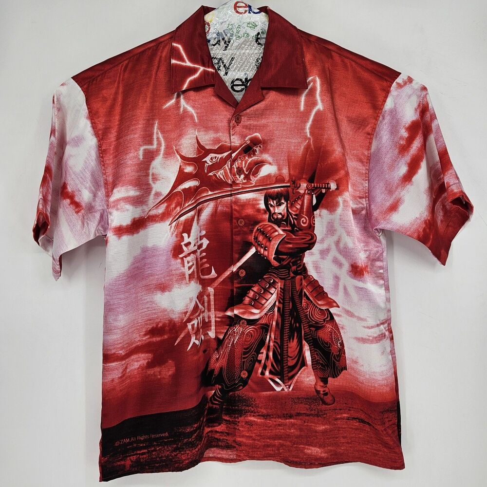 ZAM Collection Shirt Mens XL Samurai Warrior Red All Over Print Button Up‎